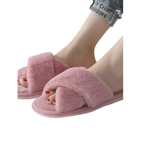 

Topumt Cross Open Toe Fuzzy Fluffy House Slippers for Women Cozy Plush Criss Cross Furry Slides Slippers