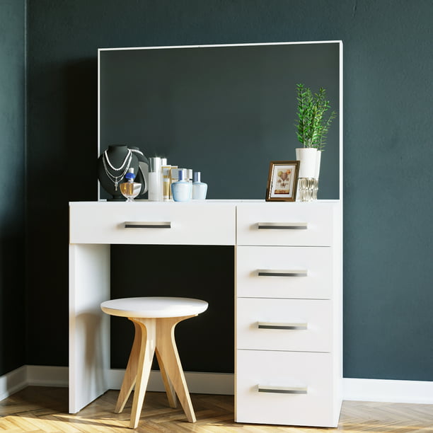 Boahaus Matilda Modern Vanity Table, White Vanity Desk With Mirror And Drawers