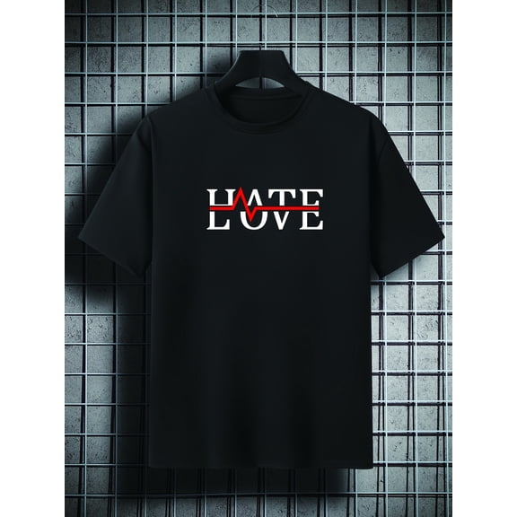 Men'S Casual Crew Neck T-Shirt, 95% Polyester 5% Spandex, Regular Fit, Knit Fabric, Medium Stretch, 180gsm, Spring/Summer/Fall, Love Print, Plus Size Available