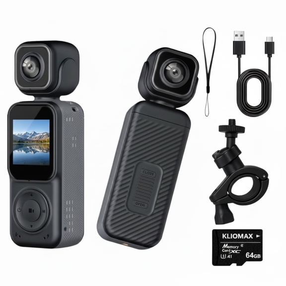 KLIOMAX Dual Camera 4K Pocket Cam with 3-Axis Gimbal Stabilizer, Action Video Camera for Photography, Wearable Body Cam with WIFI, LCD Screen, Face Tracking, Motion Stabilizer, 270° Rotation