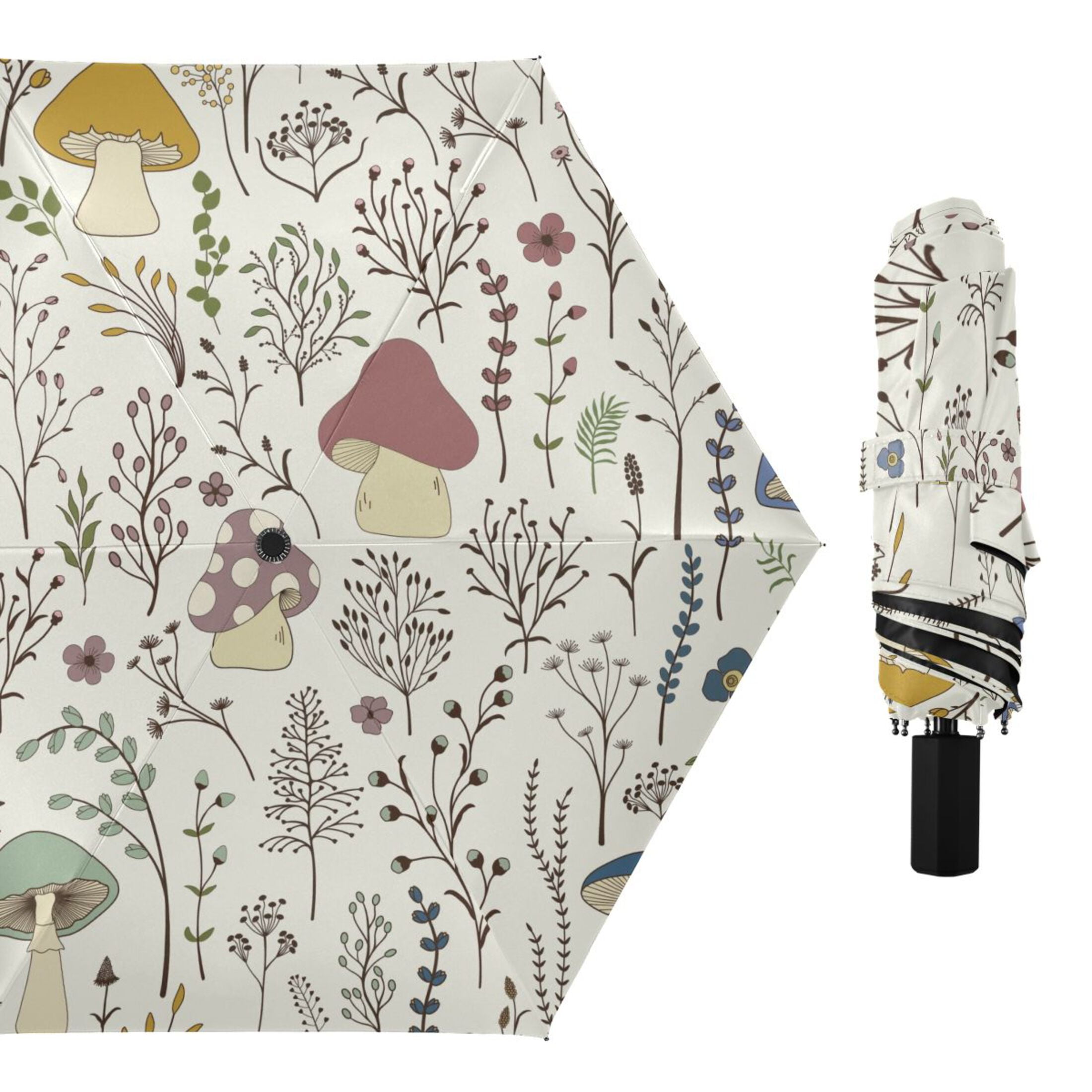 Mushrooms and Floral Compact Folding Umbrella for Rain Windproof Travel Umbrella UPF 50+ Lightweight Packable Arc Size