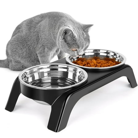 YOYAHATEM Elevated Cat Bowl Set with 2 Stainless Steel Bowls, Anti-Vomiting Raised Design, Anti-Slip Stand, Black