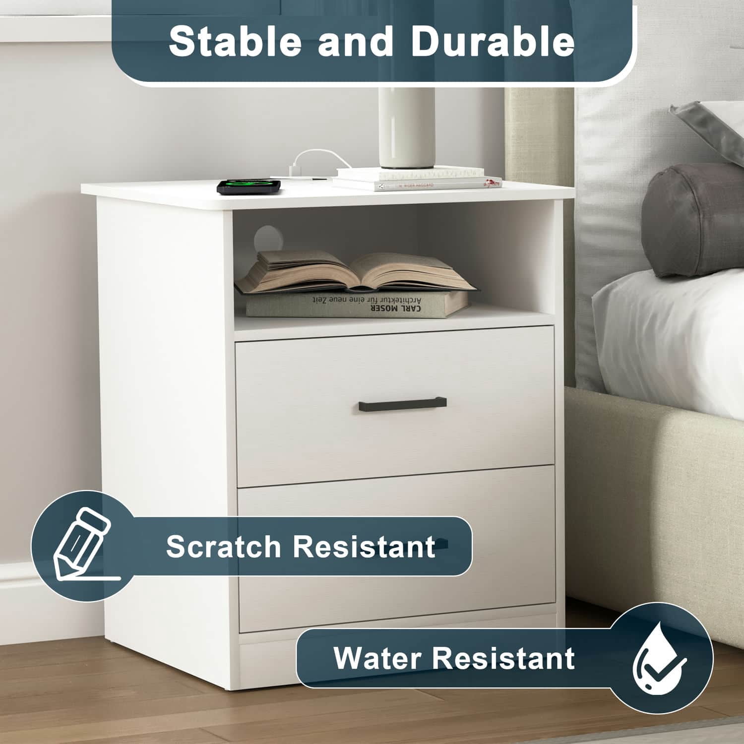 Spaco End Table with Charging Station, Nightstand with USB Ports & Outlets, Modern Bedside Table with 2 Storage Drawer and Top Shelf for Bedroom, White