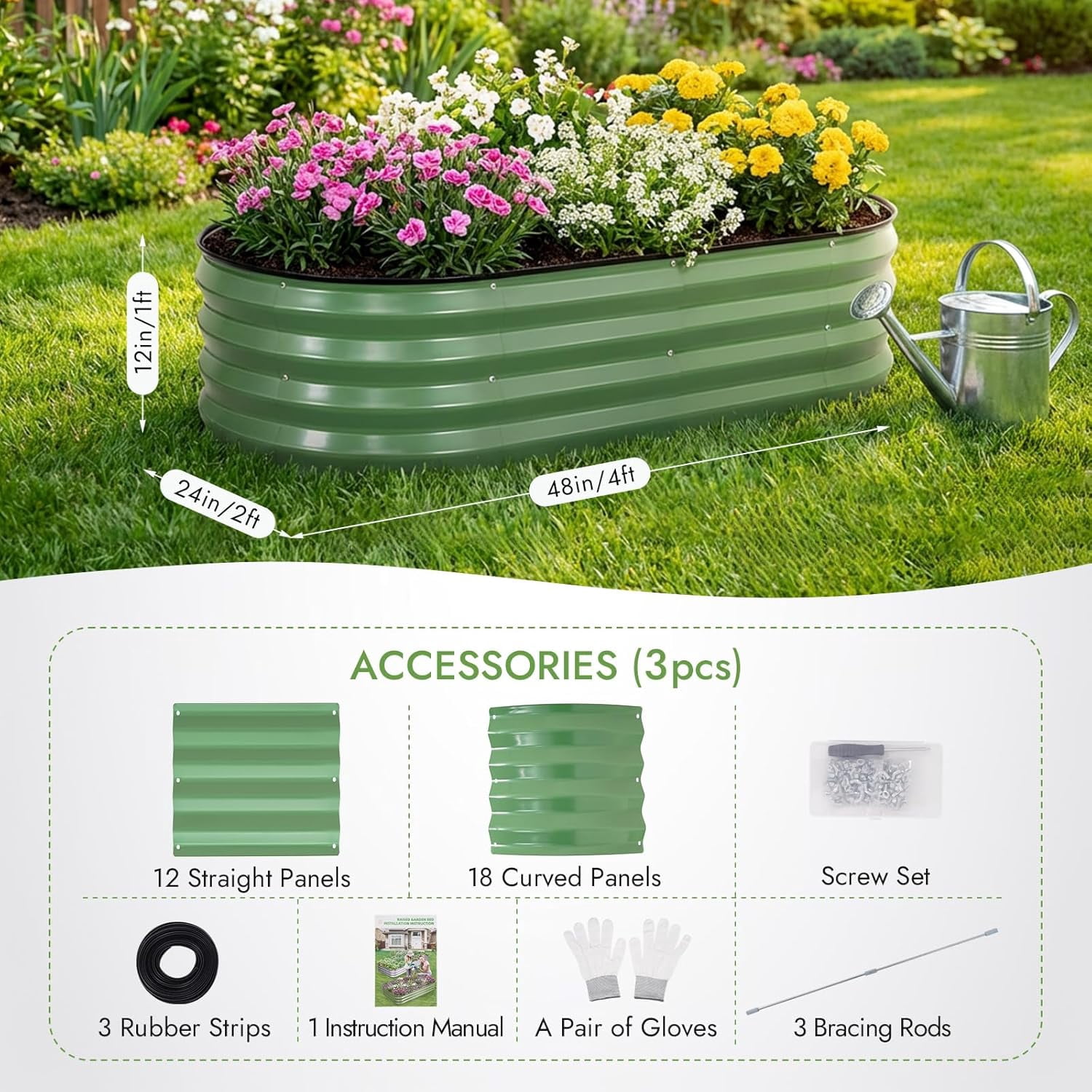 INNO STAGE Raised Garden Bed Kit Oval Rustproof Metal 3 Pack 4x2x1ft