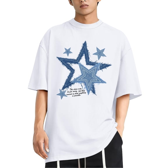 Arlun Mens Fashion Stars Graphic Tees Oversized Crew Neck Short Sleeve Streetwear Vintage T-Shirts Summer Relaxed Fit Comfortable Drop Sleeves Preppy Style Casual Tops 2026 White XL