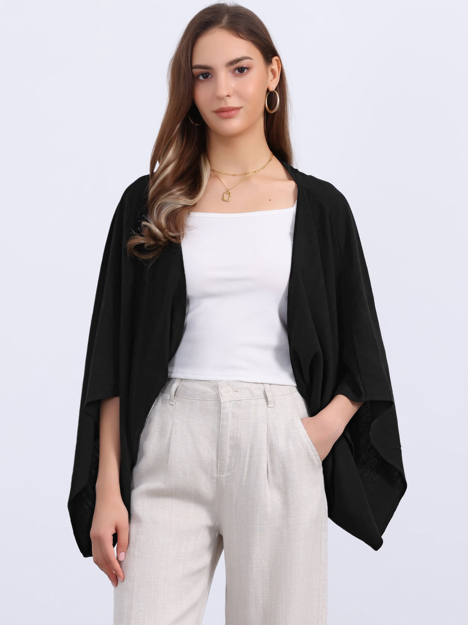 DARING DIVA Women's Linen Cardigan 3/4 Sleeve Open Front Lightweight Shrug XL Black