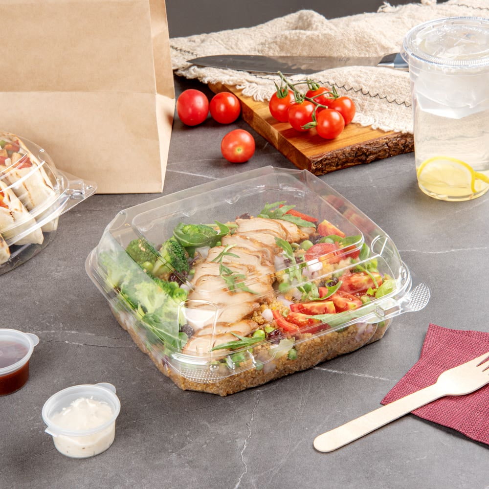 Thermo Tek 34 oz Square Clear Plastic Take Out Salad Bowl - with Lid,  Anti-Fog - 7 1/2 x 7 1/2 x 3 - 100 count box