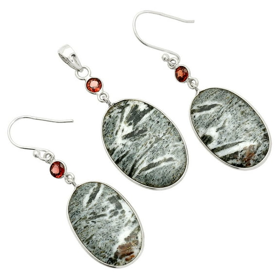 Hornblende & Garnet 925 Sterling Silver Pendant Earrings Jewelry Set T-1010 SDT03305