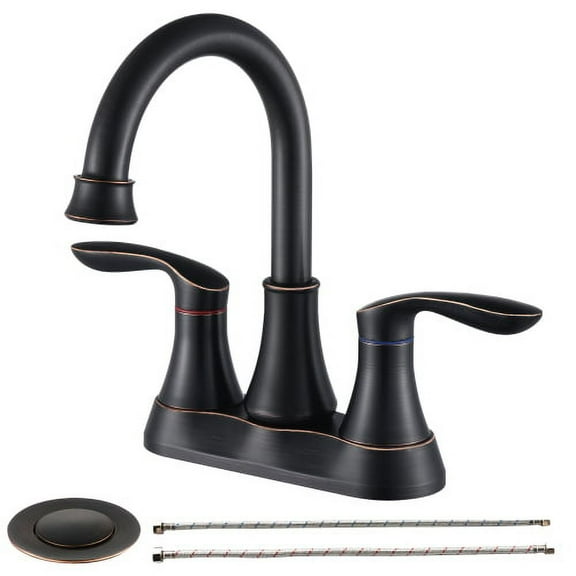 2-Handle 4-Inch Oil Rubbed Bronze Bathroom Faucet, Centerset Bathroom Sink Faucets with Pop-up Drain and Supply Hoses