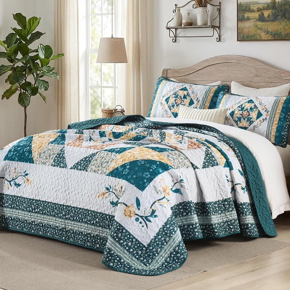 King Quilt Bedding Set Vintage Floral Patchwork Teal Lightweight Coverlet with 2 Pillow Shams