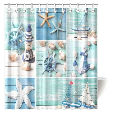 Lighthouse Bathroom Decor (MYPOP Seashells on Wooden Planks Decorations Shower Curtain, Decorative Lighthouse, Sailing Boats and Marine Items on Wooden Background Fabric Bathroom Decor Set with Hooks, 66 X 72)