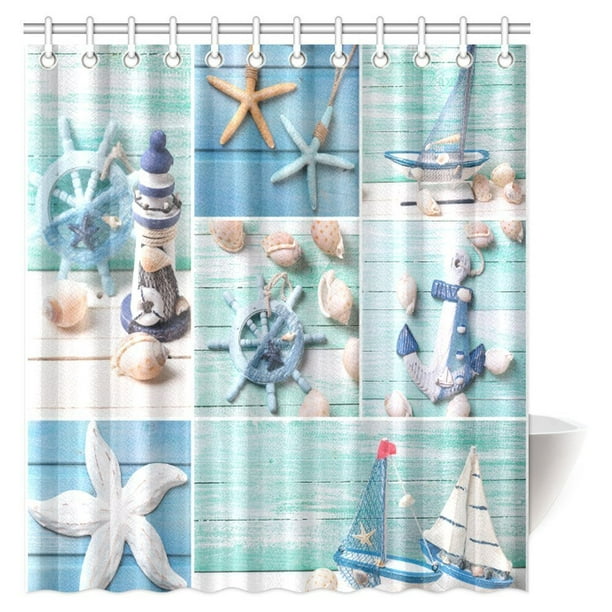 Mypop Seass On Wooden Planks, Aquatic Themed Shower Curtains