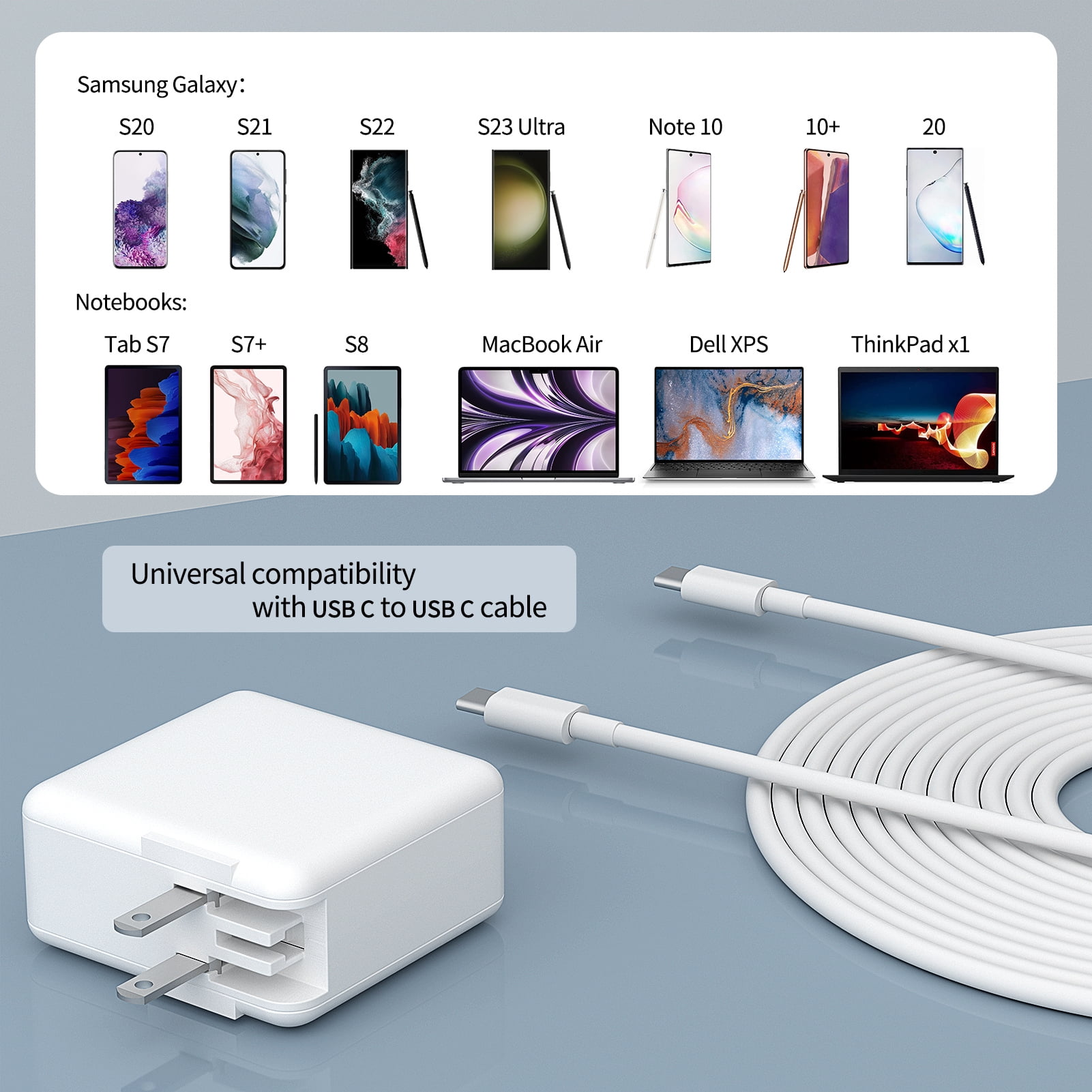65w USB C Fast Charger, PKPOWER Wall Charger Power Adapter with 6ft USB-C to USB-C Cable, for Galaxy S21/20, Dell XPS 13 and Any Laptops