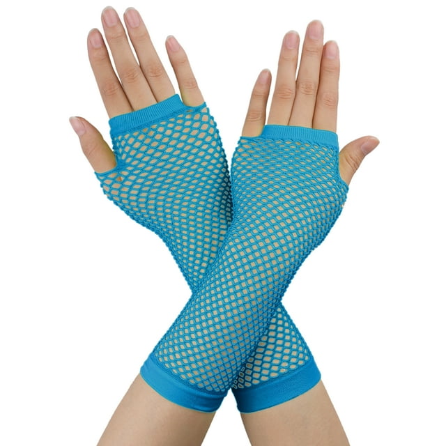 Women Elbow Length Fingerless Fishnet Gloves 2 Pairs Turquoise