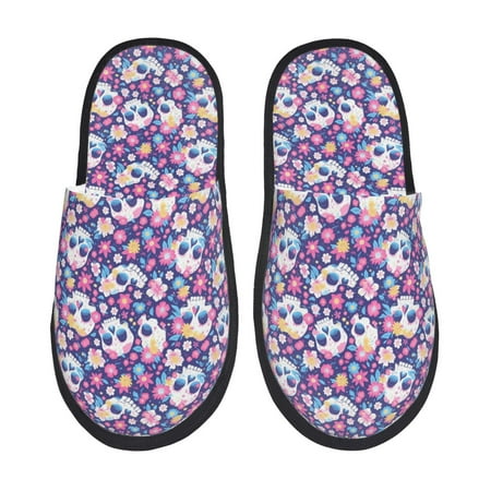 Balery blue flower Skull colorful Slient Indoor Furry Fleece Comfort House Shoes Soft Non-Slip Home Shoes Cotton slippers House Slippers-- Medium