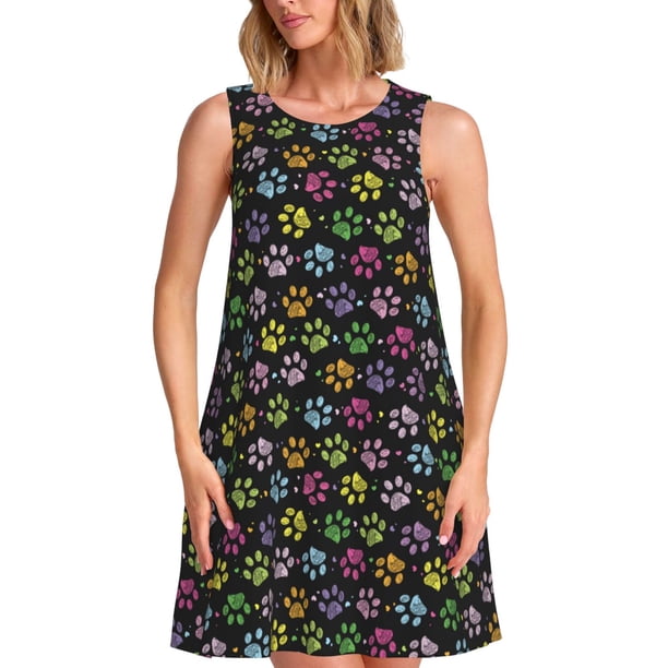 Balery Colorful Paw Vestidos de verano para mujer con estampado: vestido holgado sin mangas, vestido playero informal y cómodo para días calurosos.