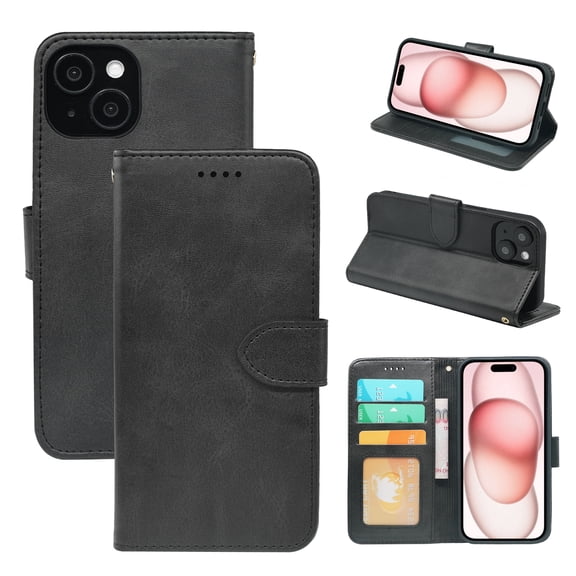 Solennerer for iPhone 15 Wallet Case, Card Holder Slots, Wrist Strap, TPU Interior Protective, Stand PU Leather Folio Flip Cases Cover for iPhone 15