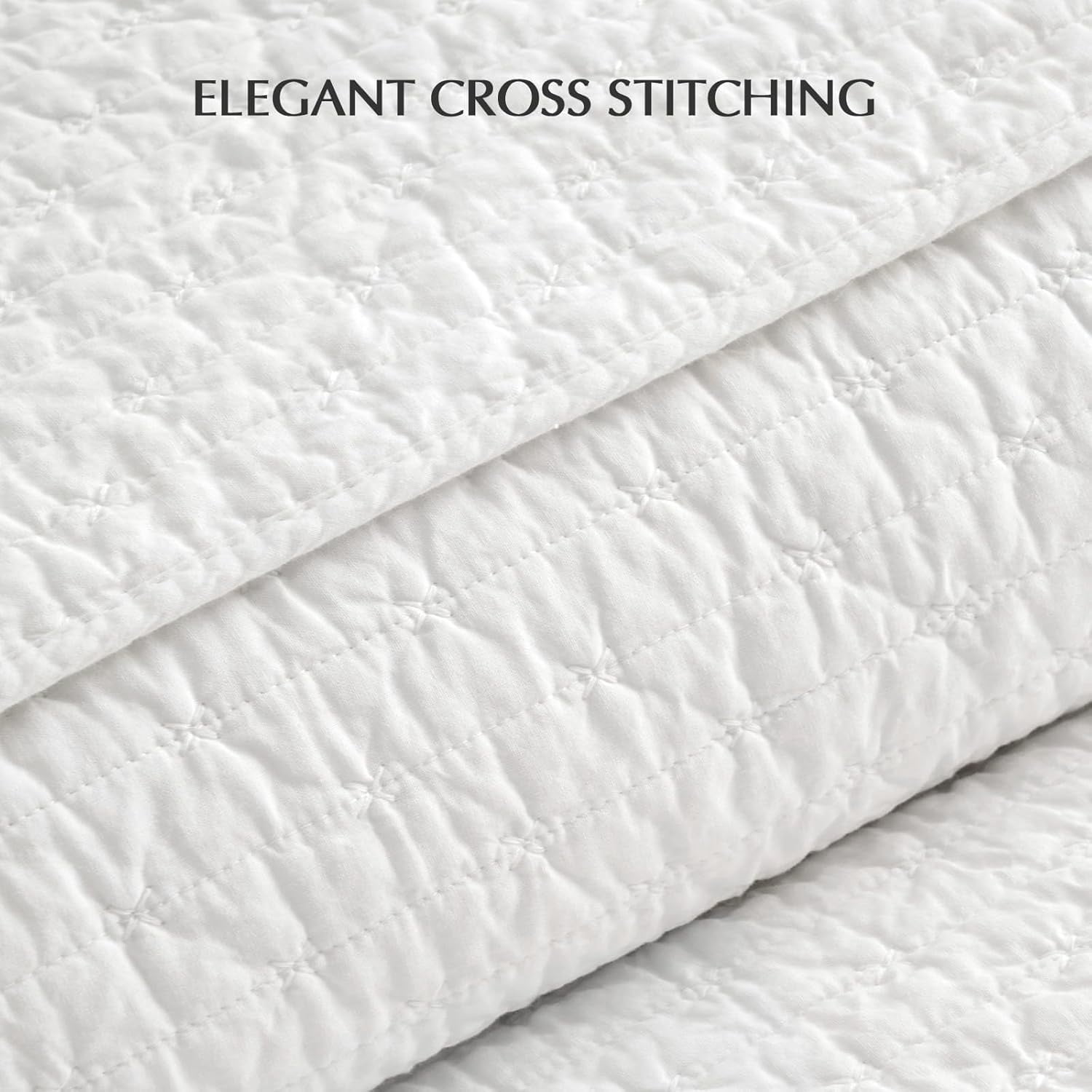EVERGRACE Cross Stitch Pre-Washed Cotton Quilt Bedding Set King Size, Oversized 3 Pieces Lightweight Bedspread Coverlet for All Season, with 2 Matching Shams, Bright White,108"x96"