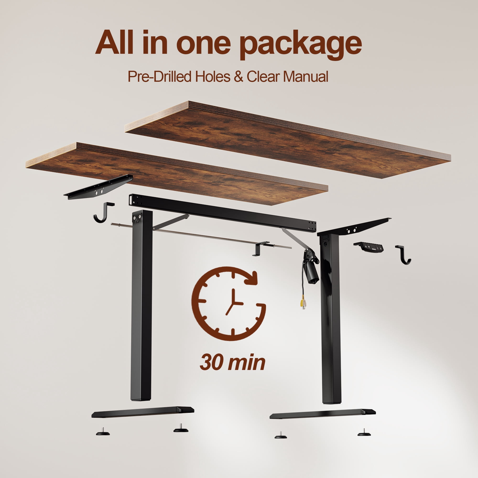 47.2 Inch Electric Height Adjustable Standing Desk, Ergonomic Home Office Desk with Memory Preset, Sit to Stand Computer Desk with Hooks, Rustic Brown