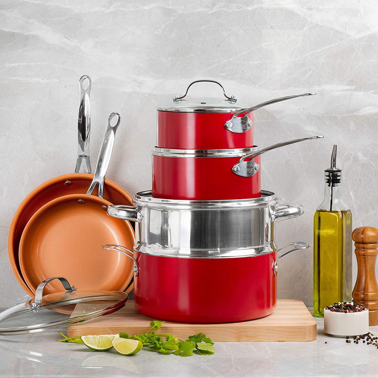 Gotham Steel 15 Pc Pots and Pans Set Non Stick, Cookware Set with Utensils, Nonstick Ceramic Pot and Pan Set, Titanium Infused and Diamond Reinforced, Dishwasher Safe, red