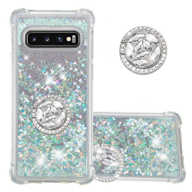 Funda para Samsung Galaxy S10 Plus con Brillo Líquido Flotante, Purpurina, Parachoques y Anillo Giratorio Soporte