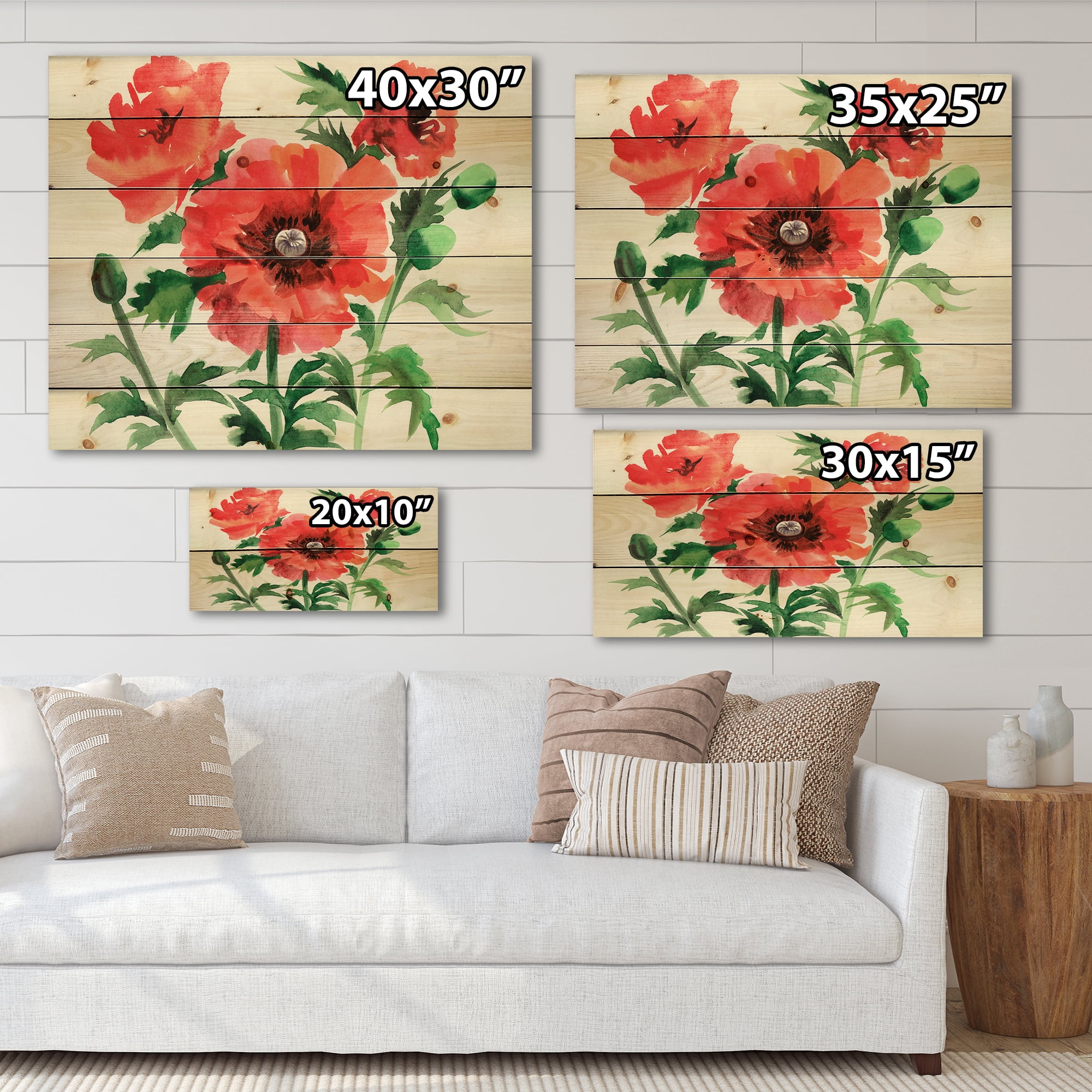 Designart 'Ancient Red Poppies II' Traditional Print on Natural Pine Wood