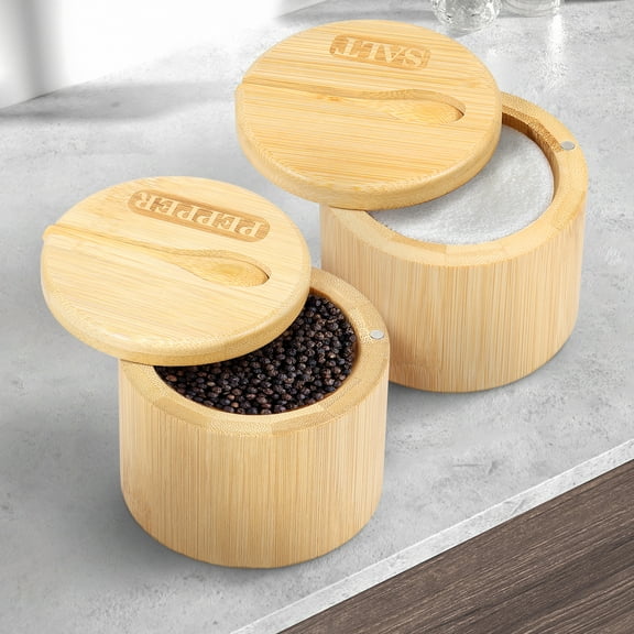 Bamboo Spice Cellar 5 oz Seasoning Salt Bowl Round Pepper Bowl with Magnetic Swivel Lid and Spoon Pepper Storage Box Kitchen Pepper Container Holder for Table Salt White and Black Pepper