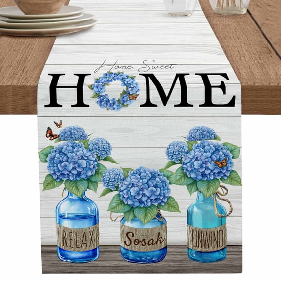 nqOlkjepod Blue Flower Table Runner 70 Inches Long Farmhouse Dress Scarves, Summer Hydrangea Floral Leaf Butterfly Dining Tablerunner for Coffee Table/Kitchen Island/Party Décor, 13" x 70"