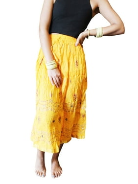 Mogul Women Summer Skirt, Yellow Printed Boho Skirt, Bohemian Cotton Crinkled Skirts S