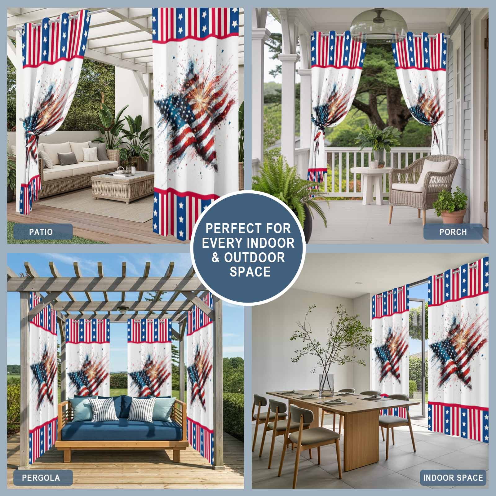 Independence Day Outdoor Curtains for Patio, Abstract American Flag Red Striped Star Sunshade Privacy Drapes Grommet Waterproof Outside Curtains for Porch/Cabana/Balcony 54"x 108", 1 Panel