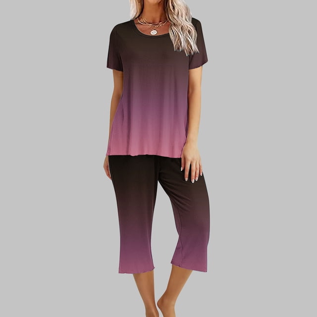 Offre Hebdomadaire d'Été Iumwxz Pyjamas Décontractés Fluides Ensembles Deux Pièces pour Femmes Dégradé Graphique Col Rond Manches Courtes Taille Élastique Pantalons Courts Ensembles Deux Pièces pour Cadeaux de Vacances pour Femmes