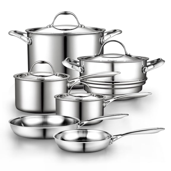 Cooks Standard 10 Piece Stainless Steel Pots and Pans Set, Cookware Set with Lids- Flying Pan, Saucepan, Steamer, Stockpot, Cool Grip Handles, Oven/Dishwasher Safe