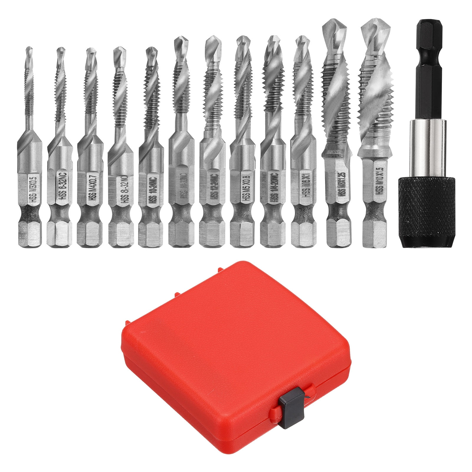 Uxcell 13 Pieces Combination Drill and Tap Bit Set, SAE 6-32NC to 1/4-20NC Metric M3 to M10 Thread Taps with Adapter