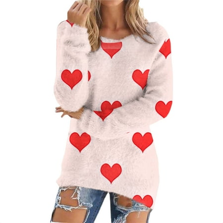 Comdrip Women s Sweaters Women Heart Print Sweater Valentine'S Day Pullovers Long Sleeve Round Neck Knitted Blouse Casual Loose Sweatshirt Sweaters for Women Trendy Light Pink M