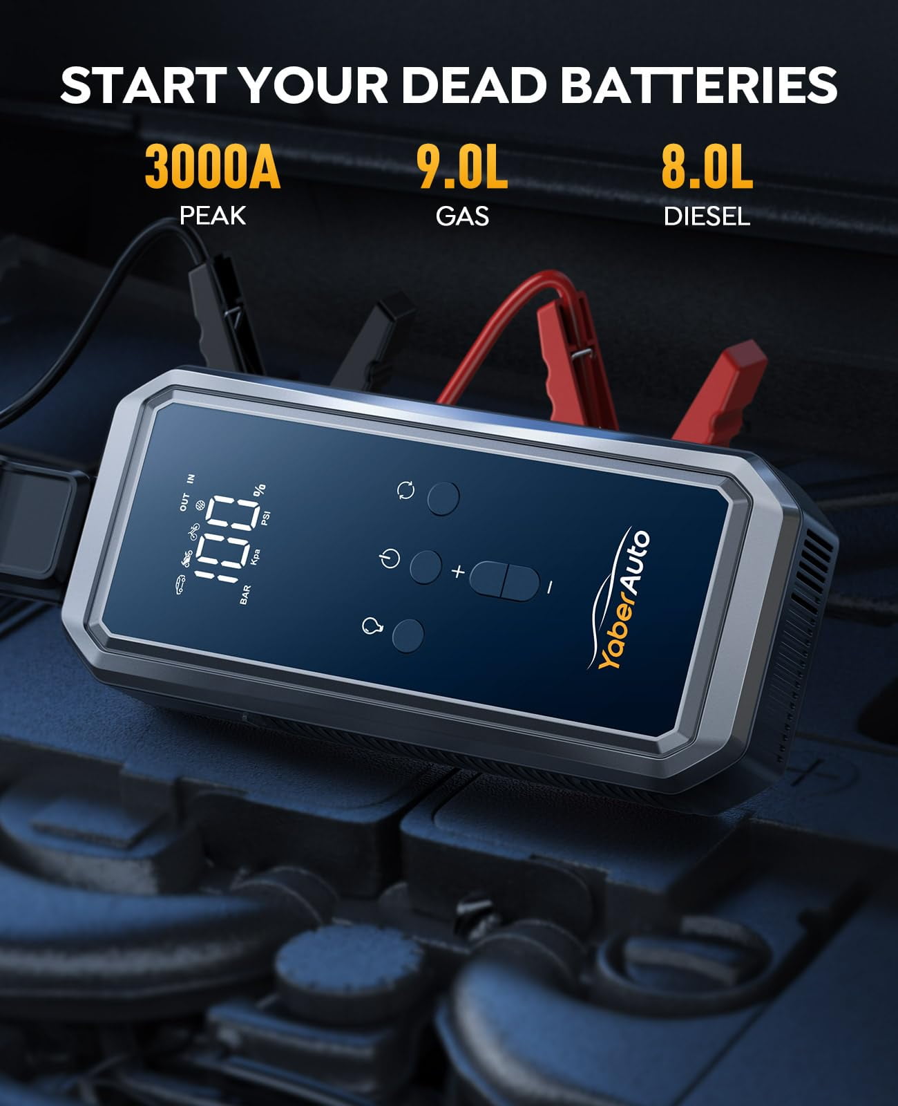 3000A Peak Car Jump Starter, 21800mAh Portable Battery Booster with 150PSI Air Compressor, 12V Jump Box for 9.0L Gas/8.0L Diesel, LCD Display & LED Light
