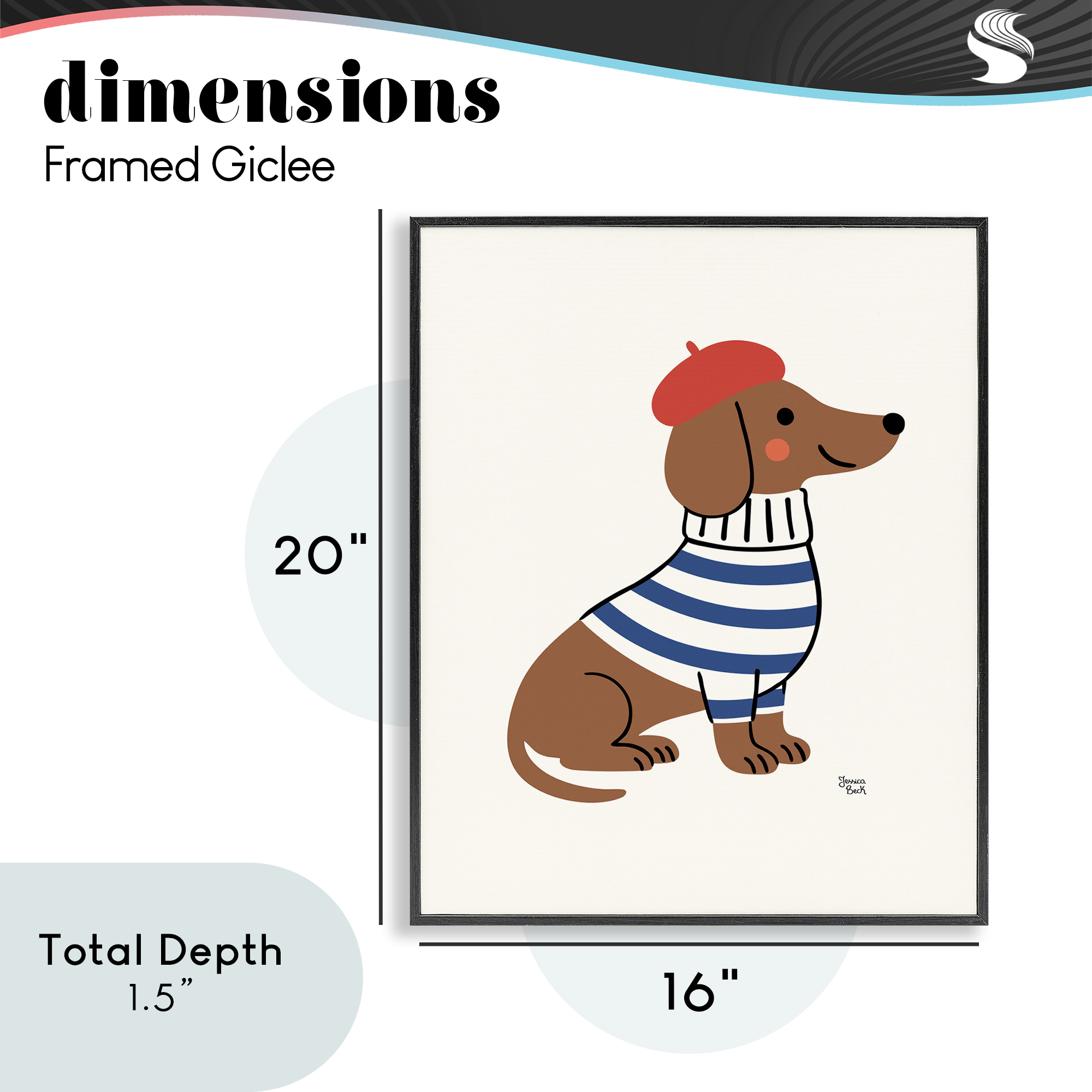 French Dachshund in Beret Black Framed Giclee Art, design by Jessica Beck