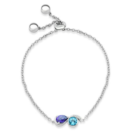 Violac Purple Topaz Ice Blue Topaz and White Topaz Swarovski Genuine Gemstone Sterling Silver Rhodium Plated Chanel Setting Stone Bead Adjustable Bracelet 9 Inch