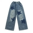 thumbnail image 3 of Ruyang Girls Cute Jeans Y2K Star Ripped Jeans Baggy Wide Leg Elastic High Waist Trendy Denim Pants Teens Preppy Trousers, 3 of 9