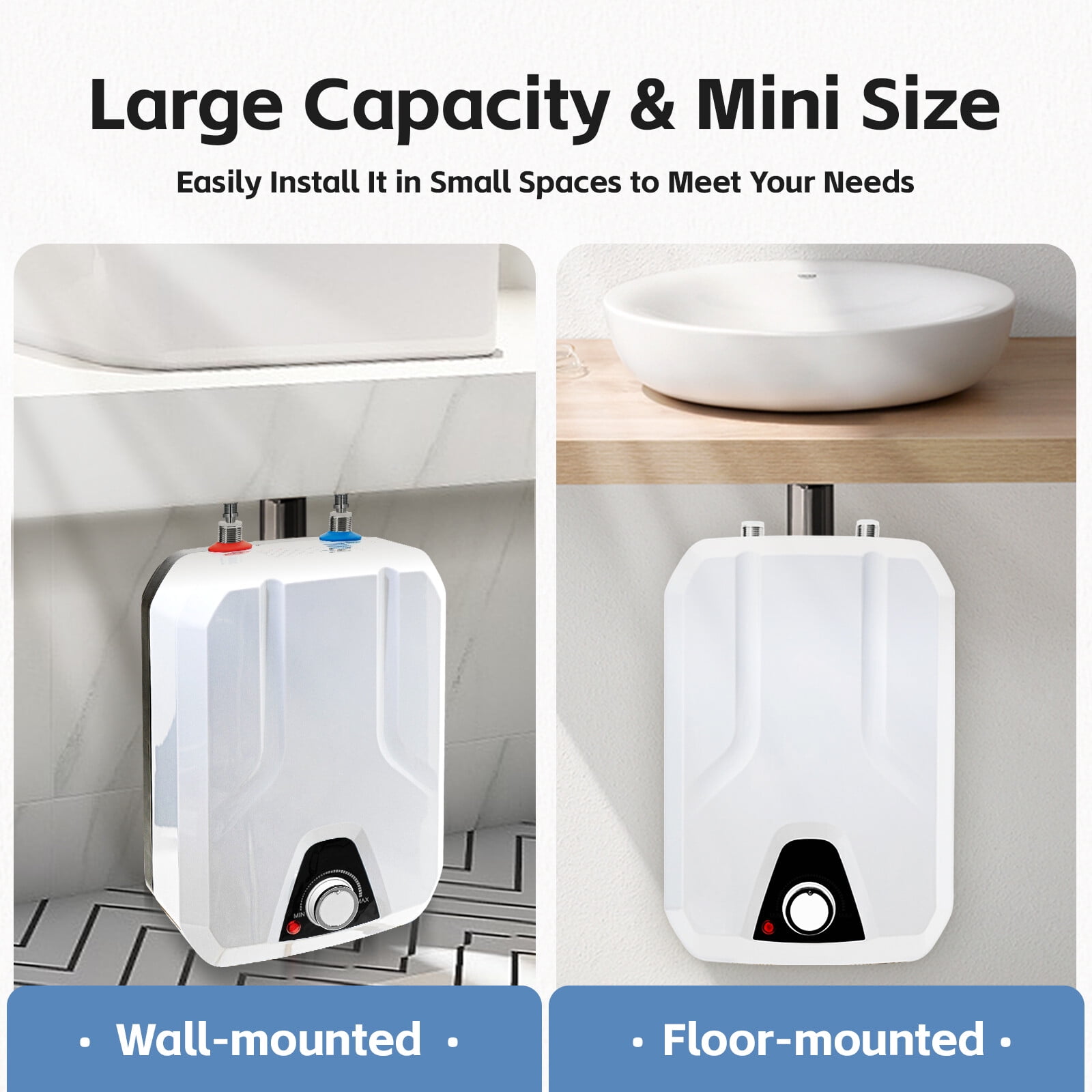 1500W Tankless Electric Water Heater, 6L/1.59gal Mini Instant Hot Water Heater, 86-149°F On Demand Under Sink, with Overheating Protection/IPX4, for Kitchen RV