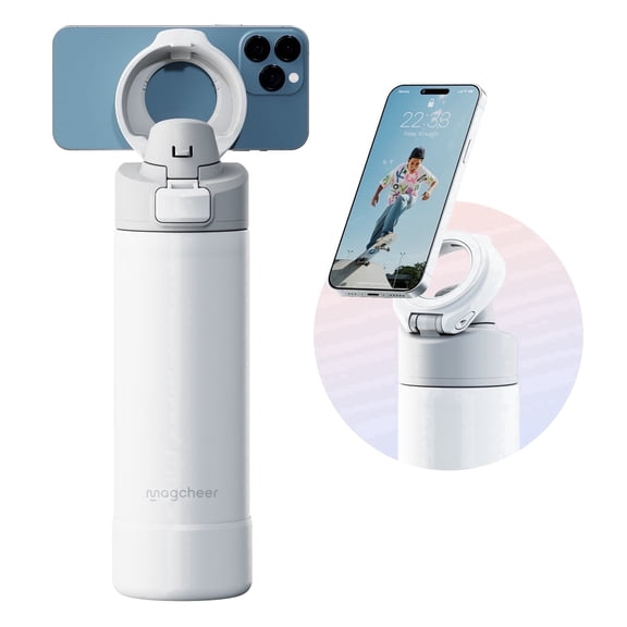 Magcheer Insulated Magnetic 24oz White Stainless Steel Water Bottle with Magsafe Compatible Phone Holder