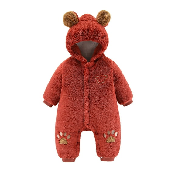 Baby Boy Girls Winter Warm Rompers Unisex Newborn Fleece Outfits Bodysuits Toddler Baby Boys Girls Color Plush Cute Bear Ears Winter Thick Keep Warm Jumpsuit Romper Red 18-24 Months