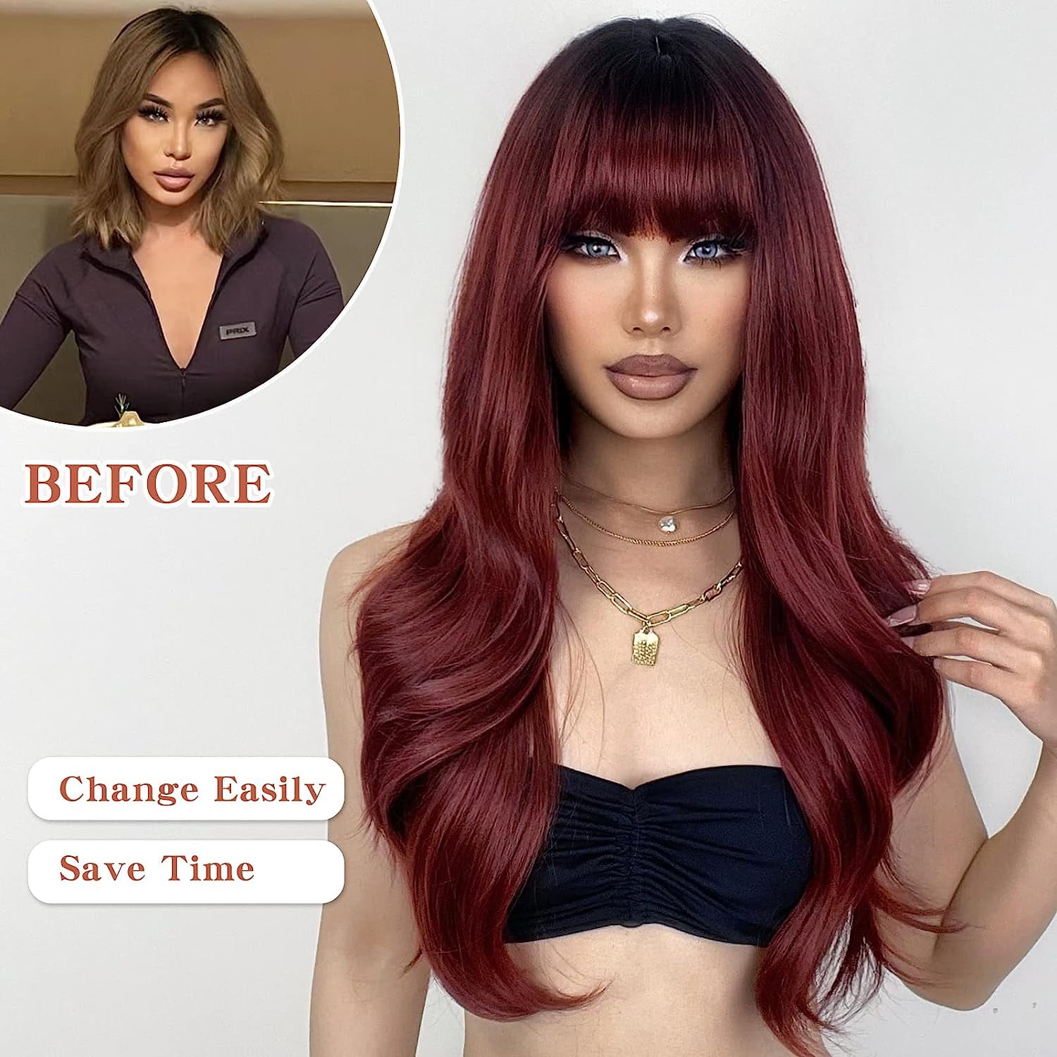 DOPI Red Wigs with Bangs, Wine Red Wigs for Women Long Wavy Wigs with Dark Roots Ombre Burgundy Wigs Natural Looking Synthetic Heat Resistant Fiber for Daily Party Use (26Inch)