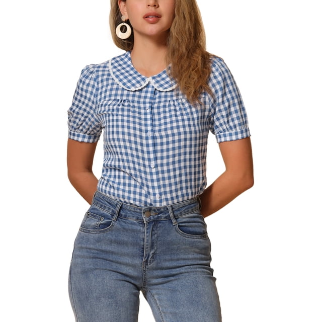 Blusa de manga corta con cuello Peter Pan en contraste para mujer Inspire Chic, top de cuadros, talla XL, azul marino