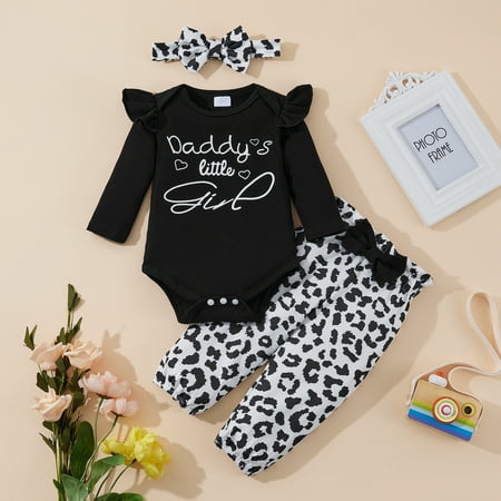 

Bullpiano Newborn Baby Girl Clothes Infant Girl Outfits Long Sleeve Ruffle Romper Leopard Print Pants Headband Set for Baby Girls 6-12 Months