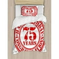 thumbnail image 3 of 75th Birthday Duvet Cover Set, Aged Worn Old Display of a Grunge Rubber Stamp with Congratulation Theme, Decorative 3 Piece Bedding Set with 2 Pillow Shams, Queen Size, White Red, by Ambesonne, 3 of 3