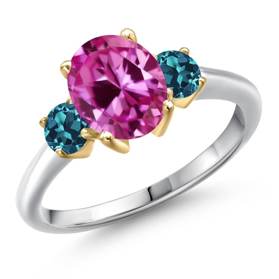 Gem Stone King 925 Silver and 10K Yellow Gold Pink Created Sapphire and London Blue Topaz Engagement Ring for Women | 1.66 Cttw | Oval 9X7MM | Gemstone September Birthstone | Size 7