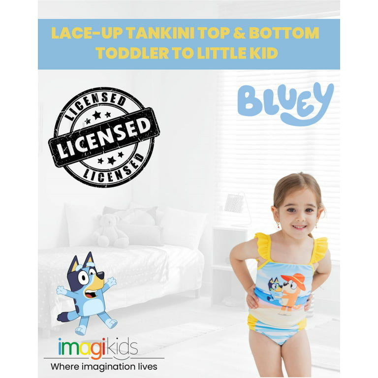Bluey Bingo Little Girls Lace-Up Back Tankini Top and Bikini Bottom Swim  Set Toddler to Little Kid