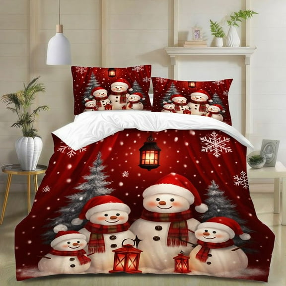 3pcs Christmas Snowman Family Duvet Cover, Holiday Winter Snow Decor Bedding Sets, Soft Microfiber Red Bedroom Quilt with Pillowcases for Xmas Season Home Decoration 1 Duvet Cover 2 Pillowcases