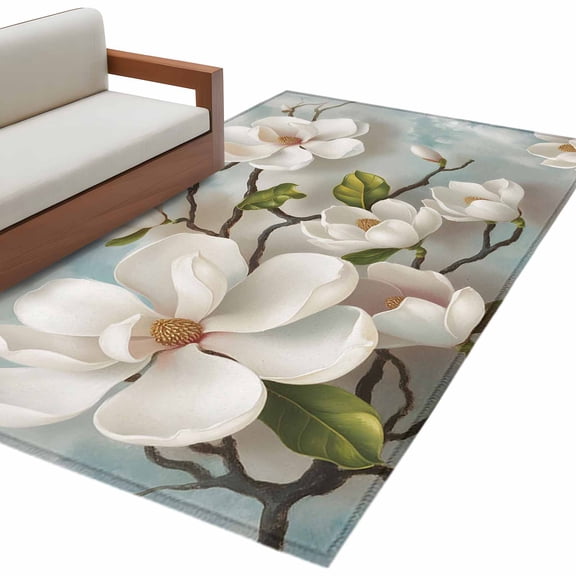 Magnolia Farmhouse Area Rug 4x6ft White Floral Vintage Pastoral Botanical Non-Slip Washable Square Rugs Soft Felt Indoor Floor Mat for Bedroom Kitchen Living Room Bathroom