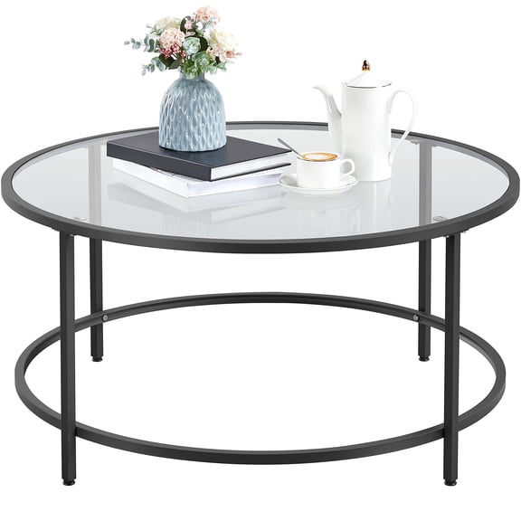 Modern Glass Top Coffee Table, 36in Round Accent End Table for Living Room, Office, Apartment, Small Space, Home Décor, Black